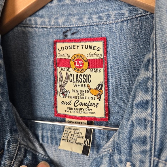 Vintage 90s Warner Bros Looney Tunes Men Embroidered Denim Vest Shirt XL Novelty - Picture 6 of 15